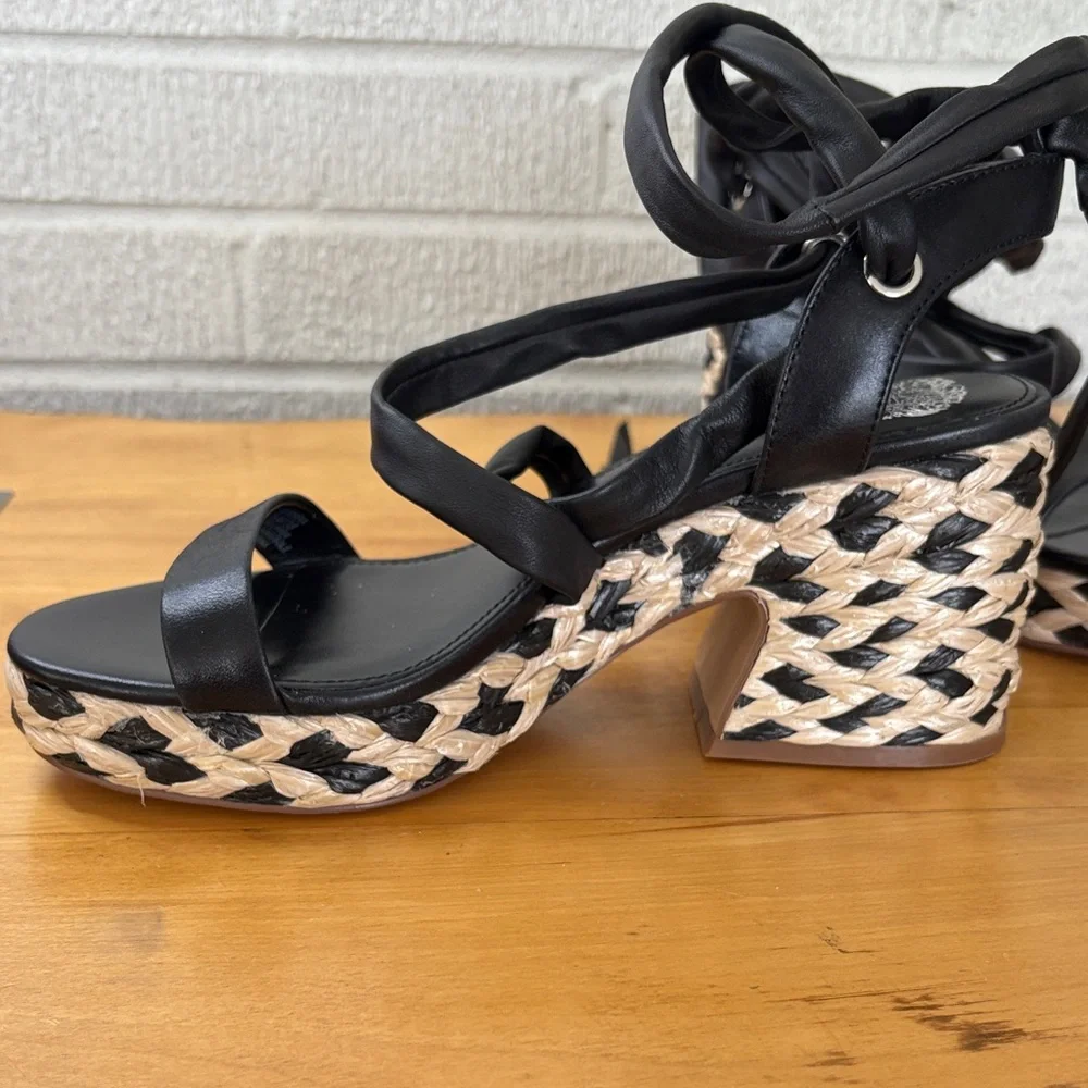 Vince Camuto Roreka Black Leather Platform Strappy Sandals Size 7.5 Raffia Heel